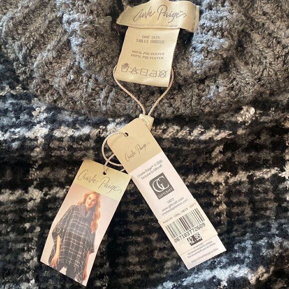 NWT! Charlie Paige Women’s Poncho Cowl Neck Soft Black Gray One Size - Picture 9 of 10
